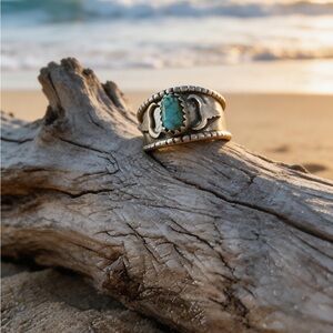 Lone Mountain Turquoise Band Ring with Long Horn Sterling Silver🔥🔥